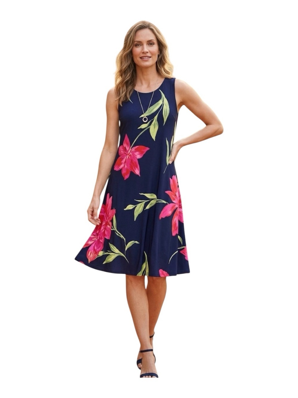 Anne Klein Navy Sleeveless Floral A-Line Dress Size 8